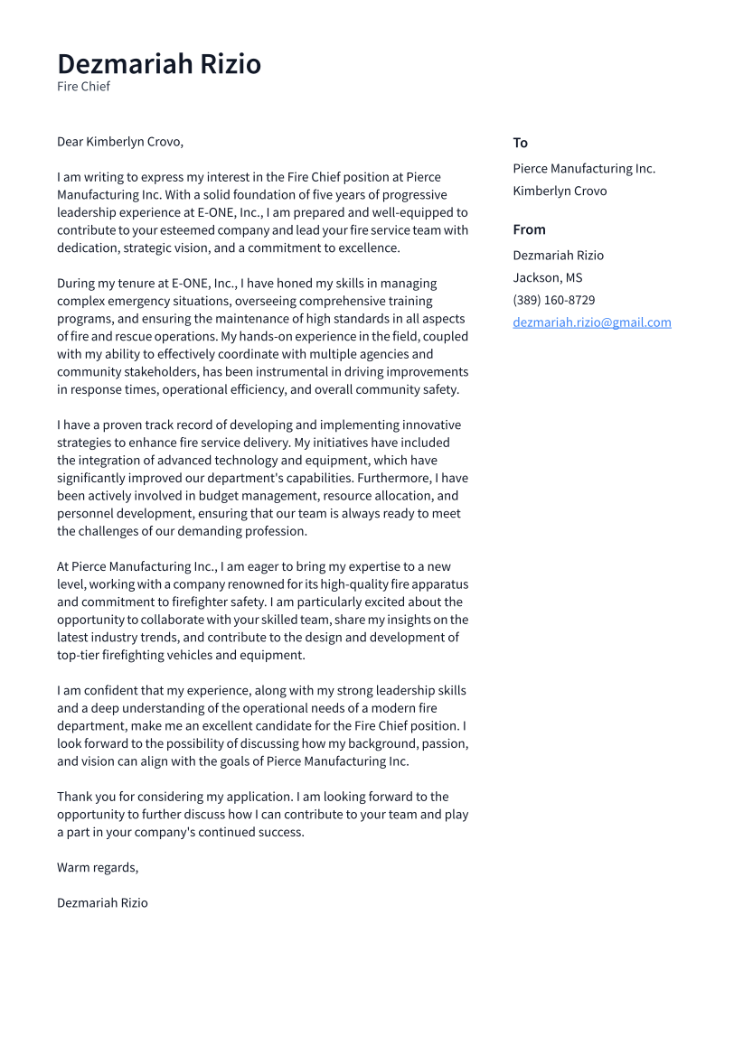 Fire Chief Cover Letter Examples And Templates ResumeCat