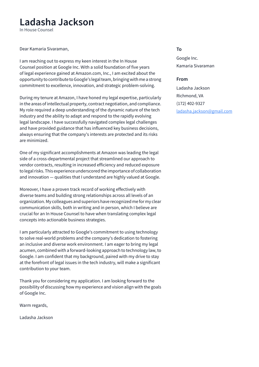 In House Counsel Cover Letter Examples And Templates