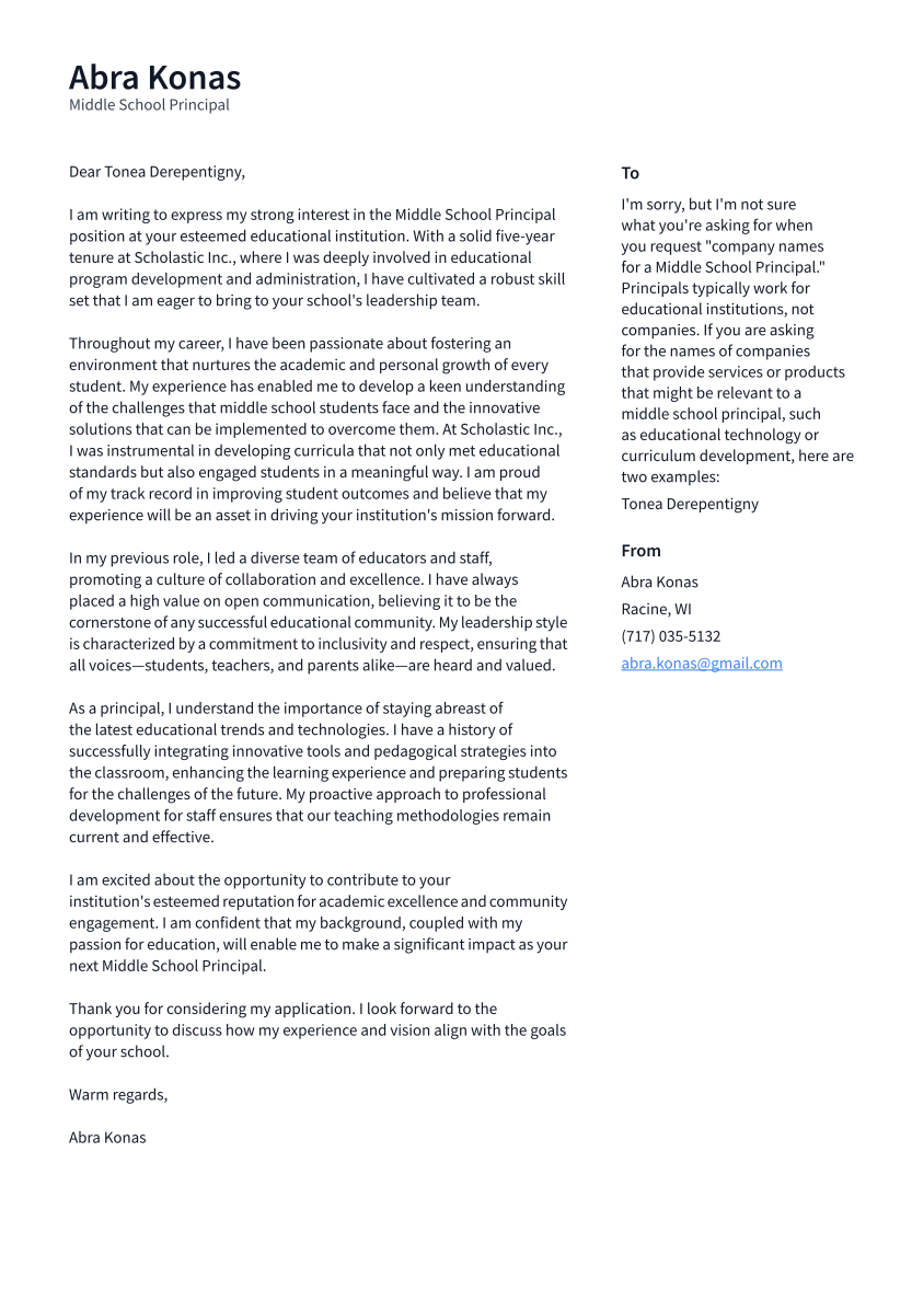 Middle School Principal Cover Letter Examples And Templates