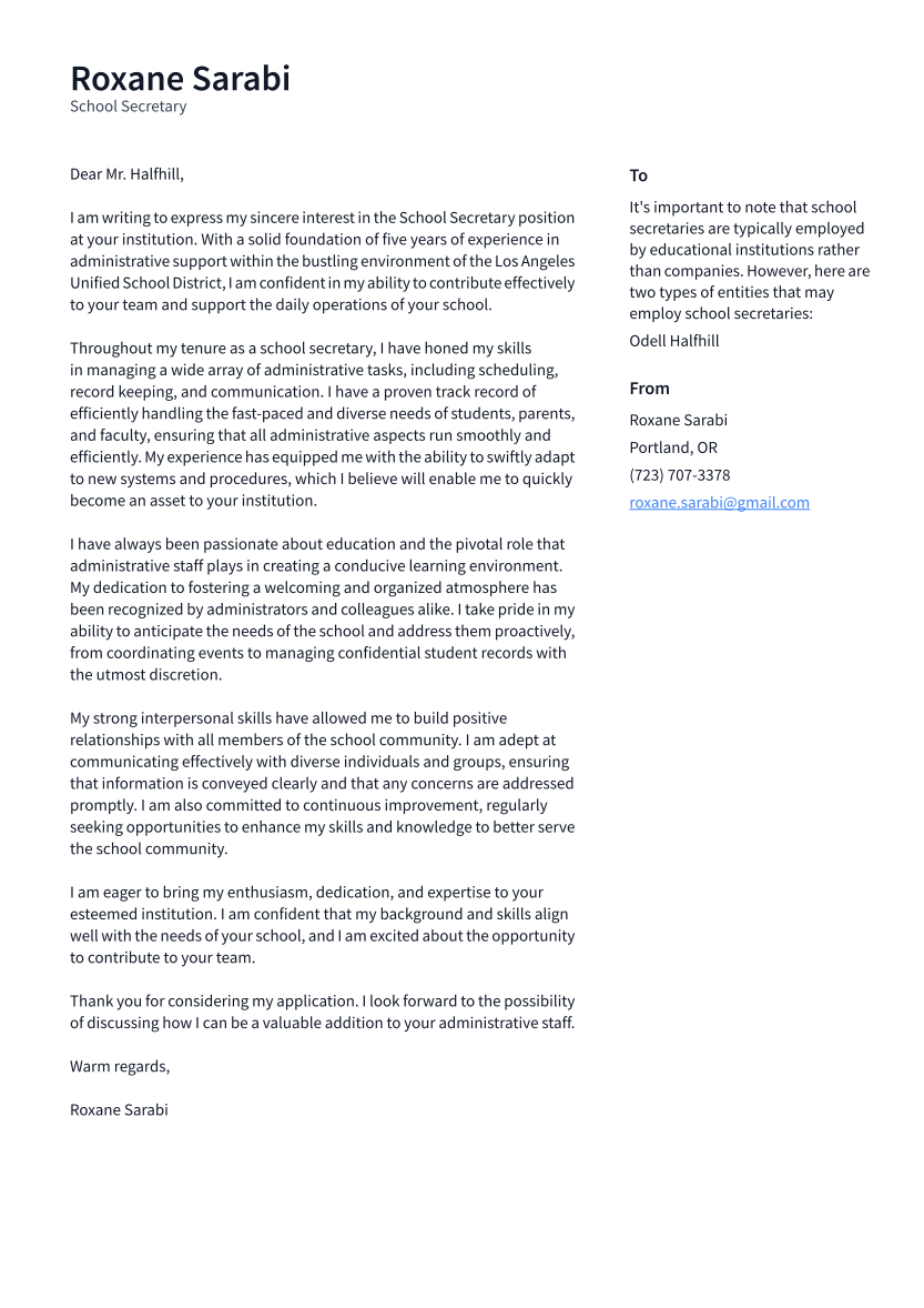 School Secretary Cover Letter Examples And Templates