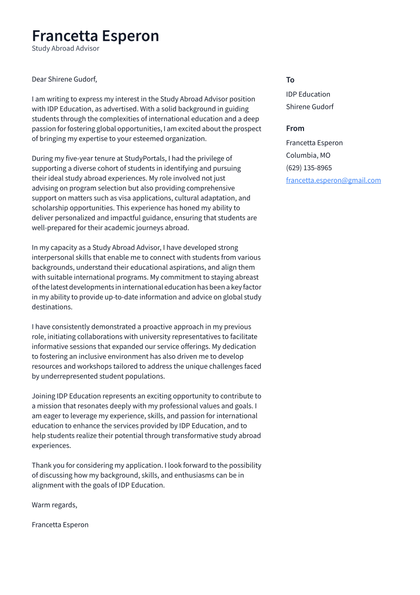 Study Abroad Advisor Cover Letter Examples And Templates