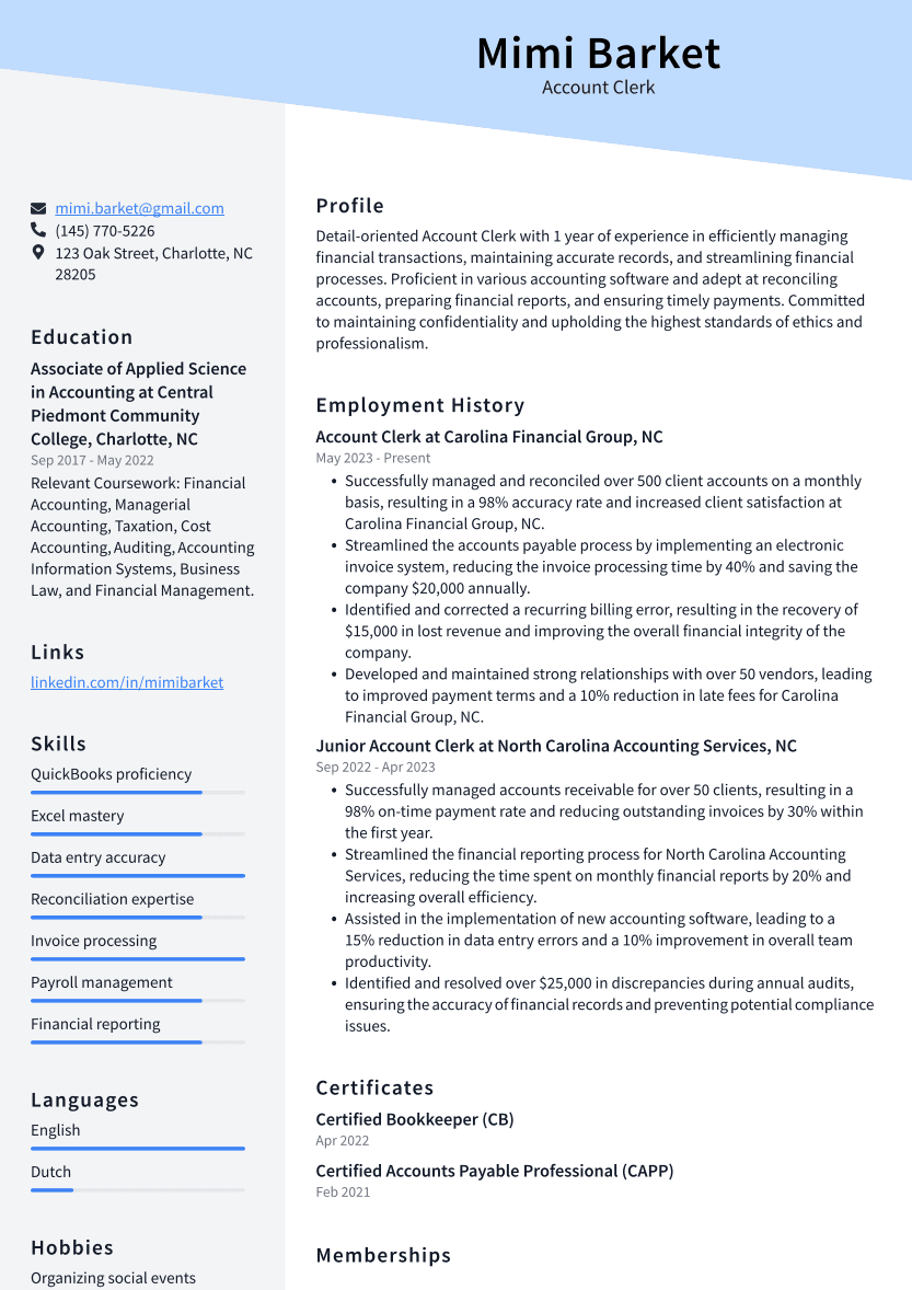 Account Clerk Resume Example