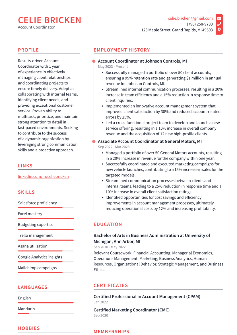 Account Coordinator Resume Example