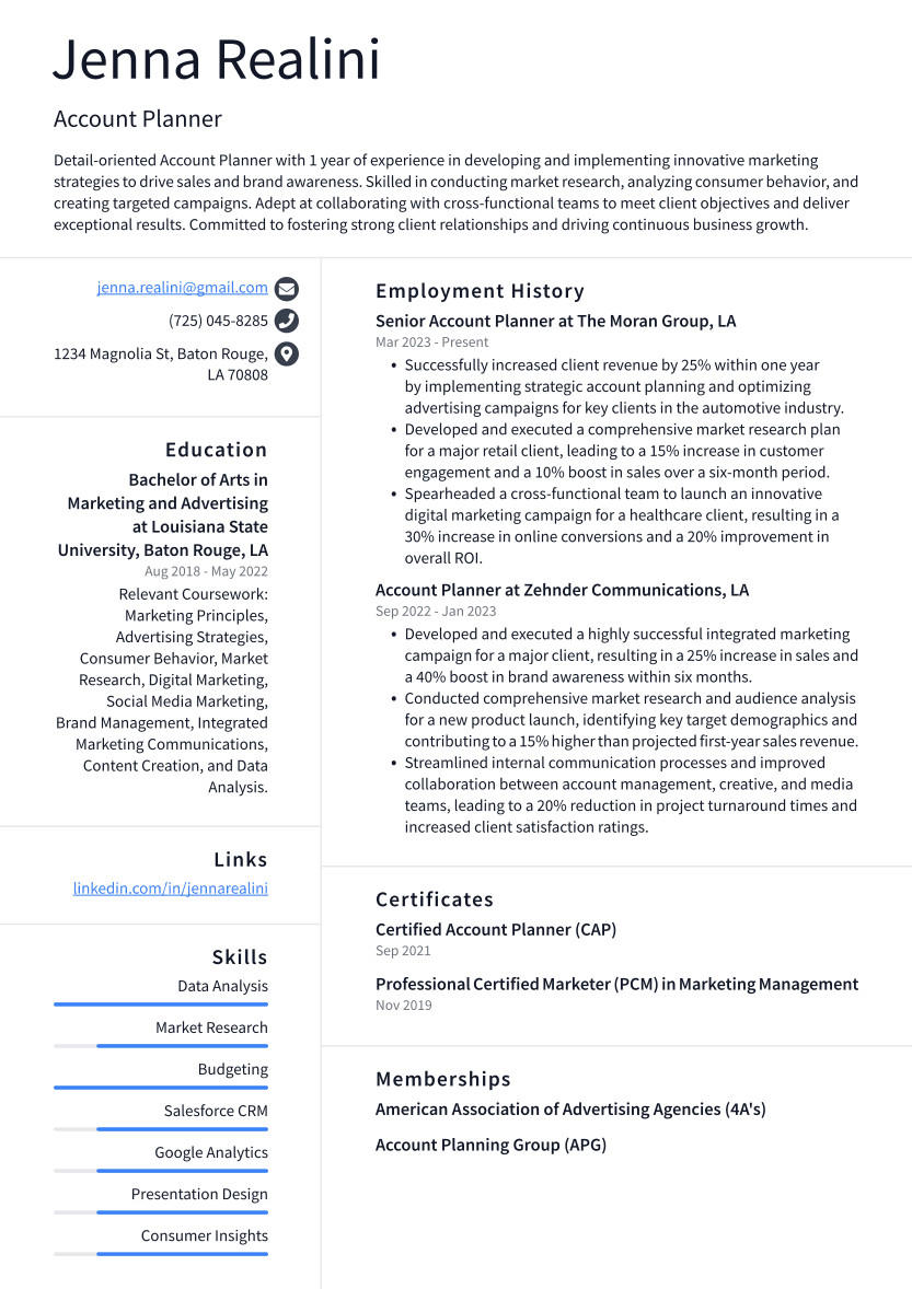 Account Planner Resume Example