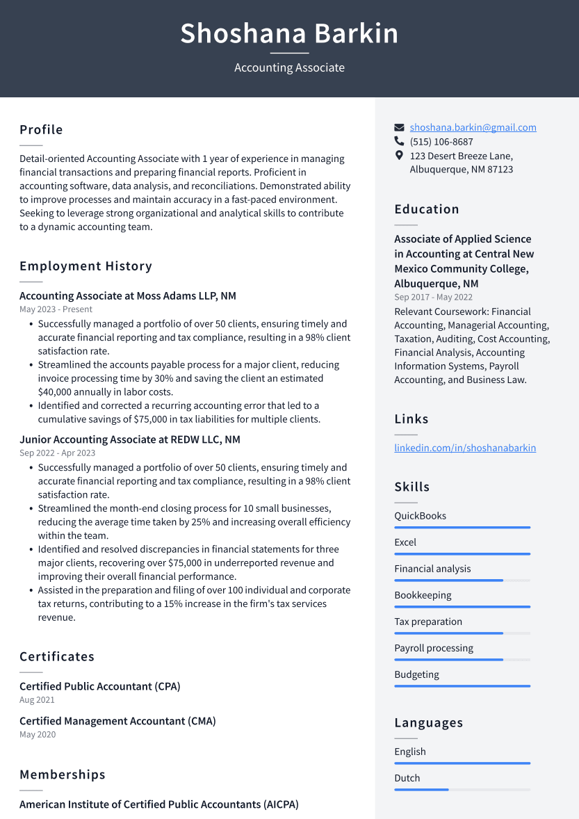 Accounting Associate Resume Example
