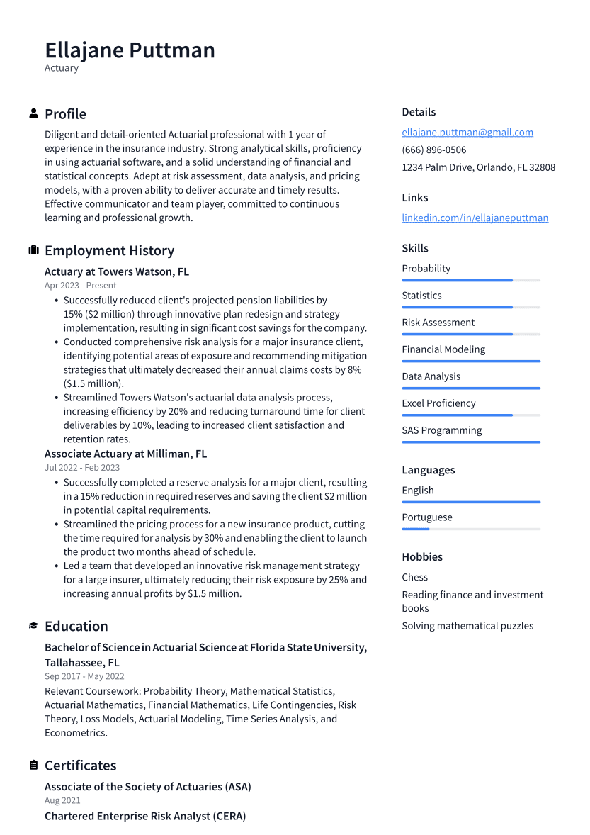 Actuary Resume Example