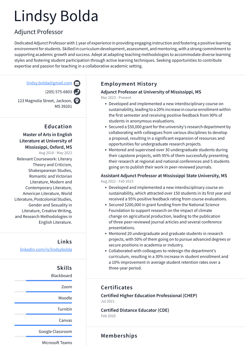 Adjunct Professor Resume Example