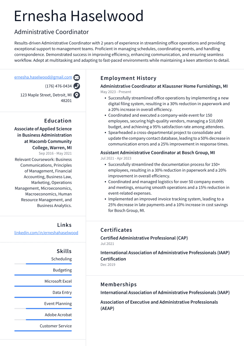 Administrative Coordinator Resume Example