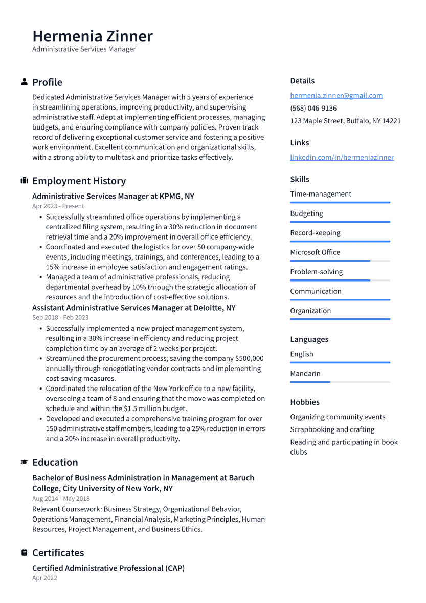 Administrative Services Manager Resume Example