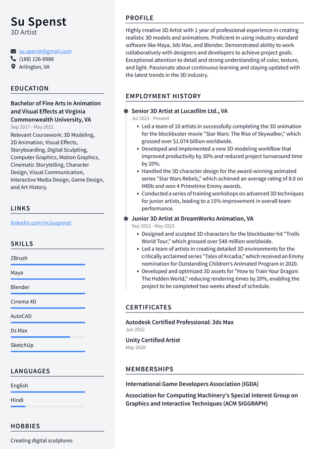 Adobe 3D Artist Resume Example