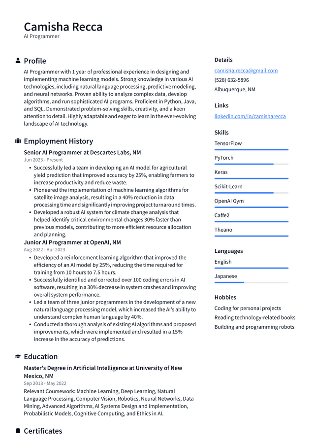 Adobe AI Programmer Resume Example