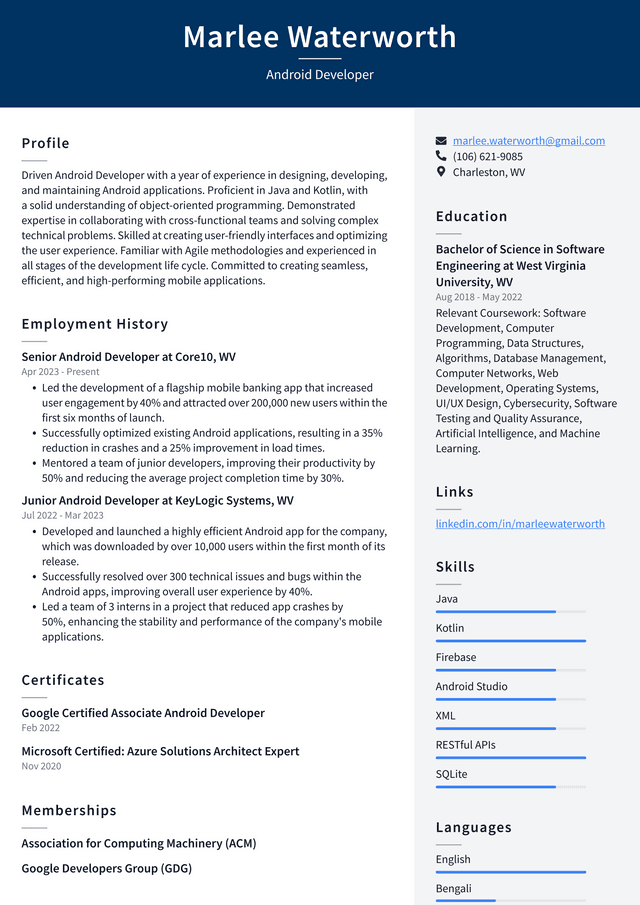 Adobe Android Developer Resume Example