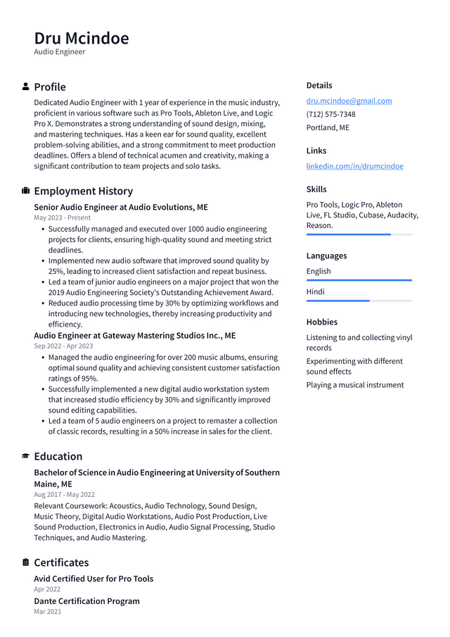 Adobe Audio Engineer Resume Example