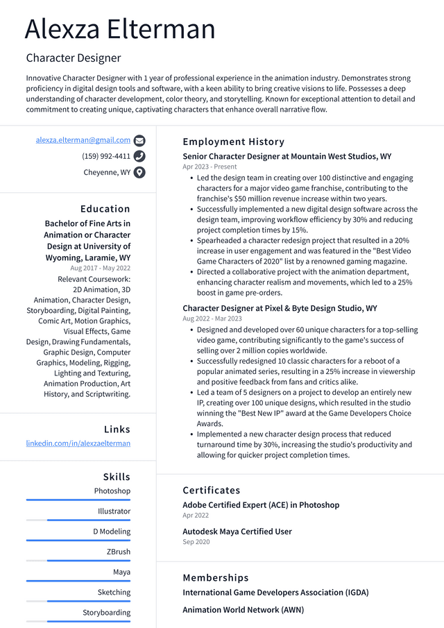 Adobe Character Designer Resume Example