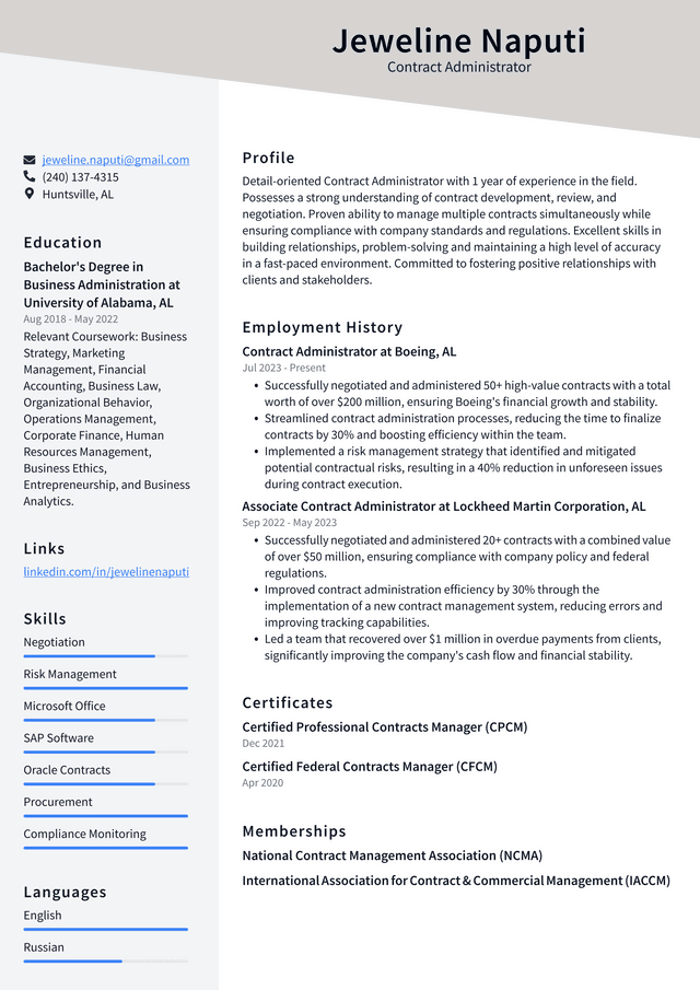Adobe Contract Administrator Resume Example