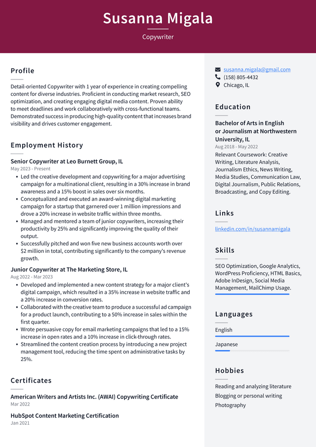 Adobe Copywriter Resume Example