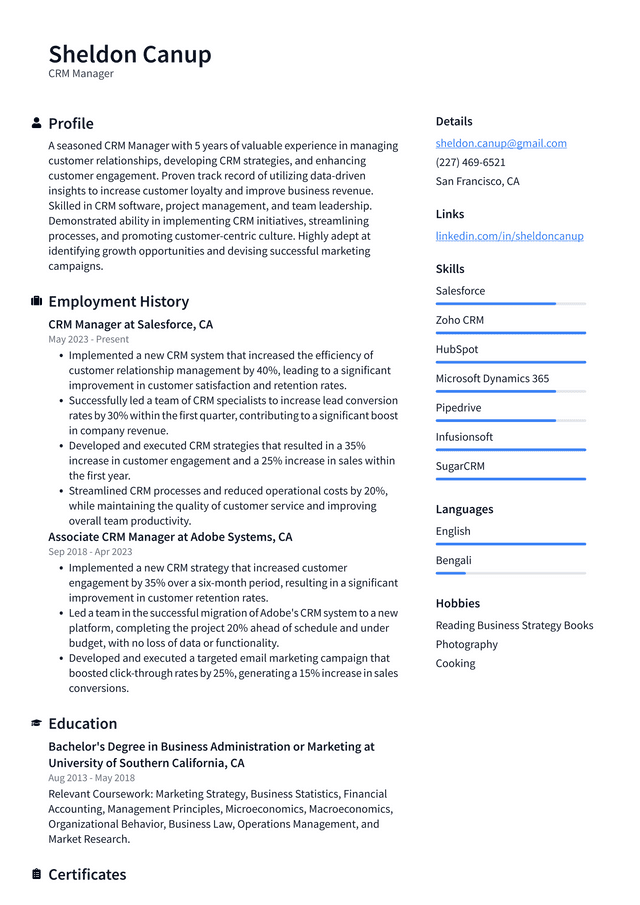 Adobe CRM Manager Resume Example