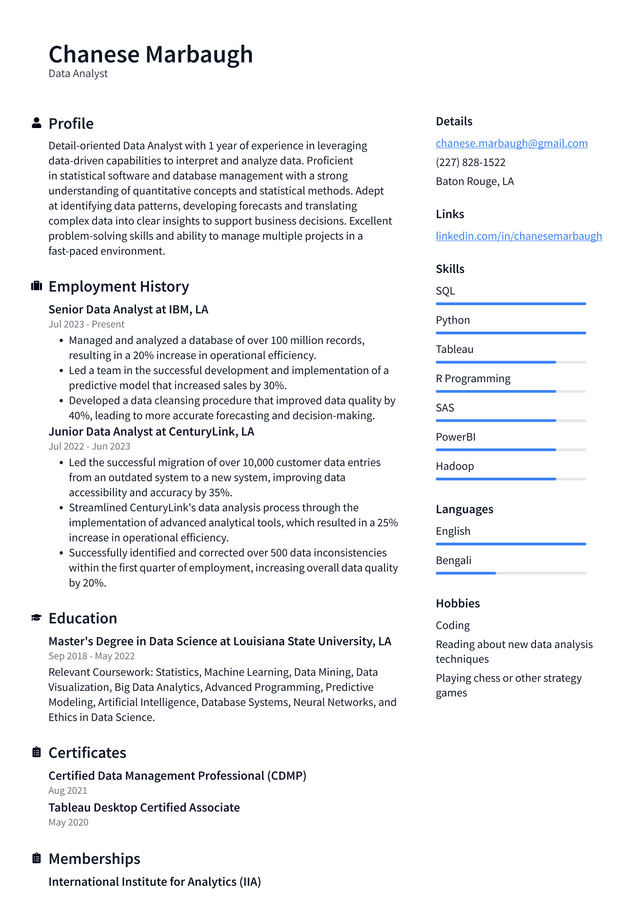 Adobe Data Analyst Resume Example