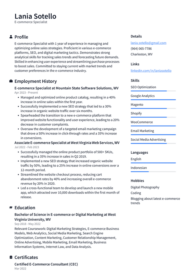 Adobe E-commerce Specialist Resume Example