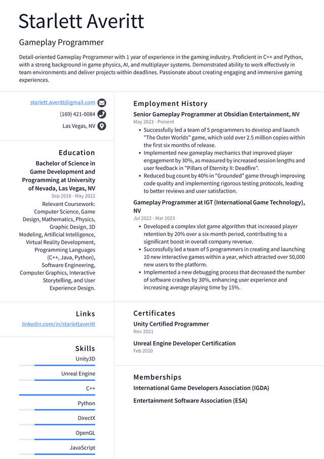 Adobe Gameplay Programmer Resume Example