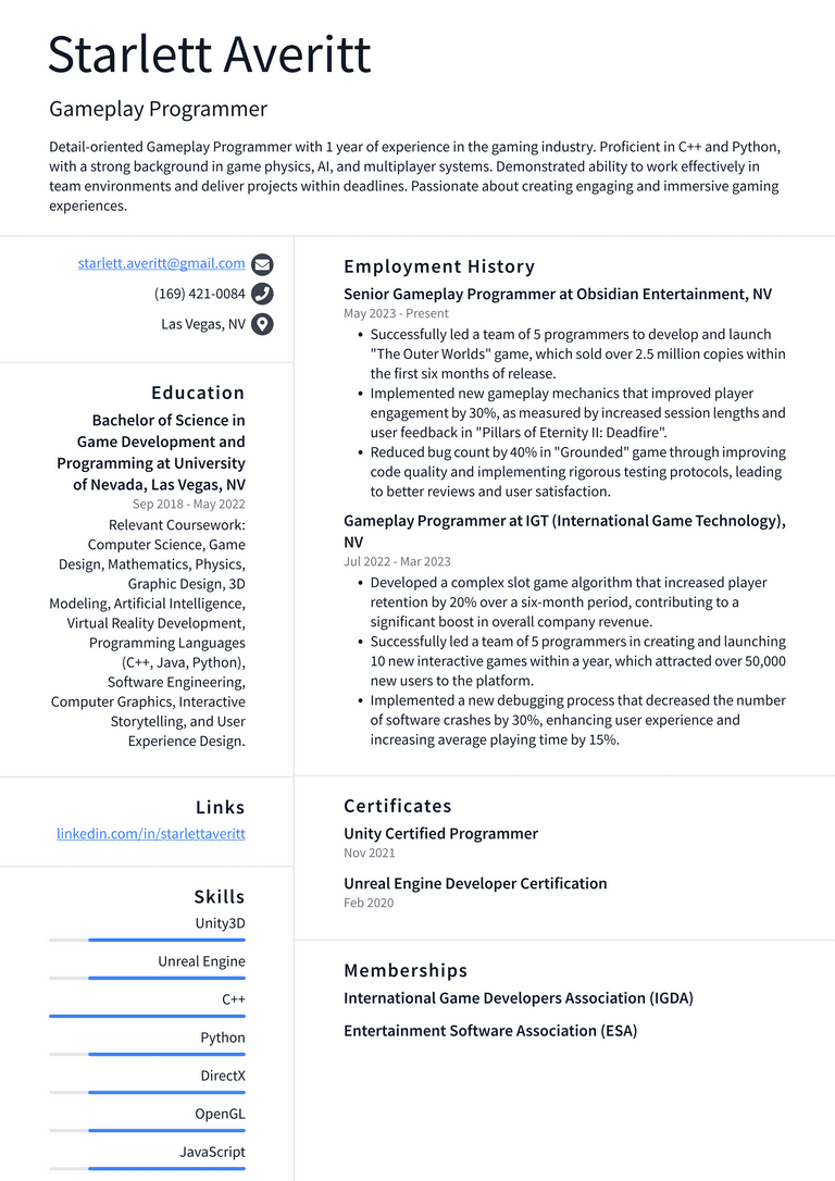 Adobe Gameplay Programmer Resume Examples | ResumeCat