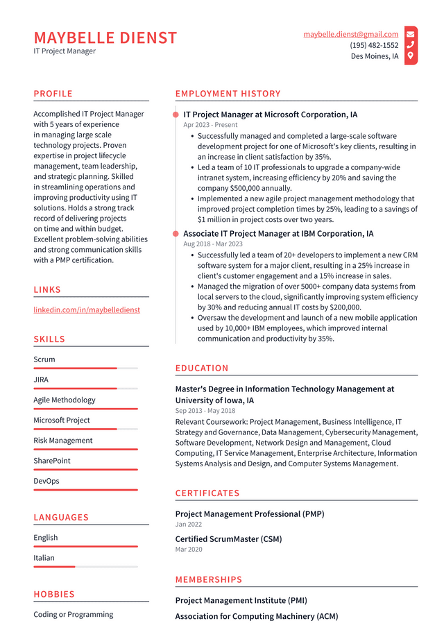 Adobe IT Project Manager Resume Example