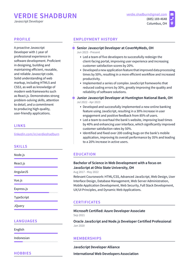 Adobe Javascript Developer Resume Example