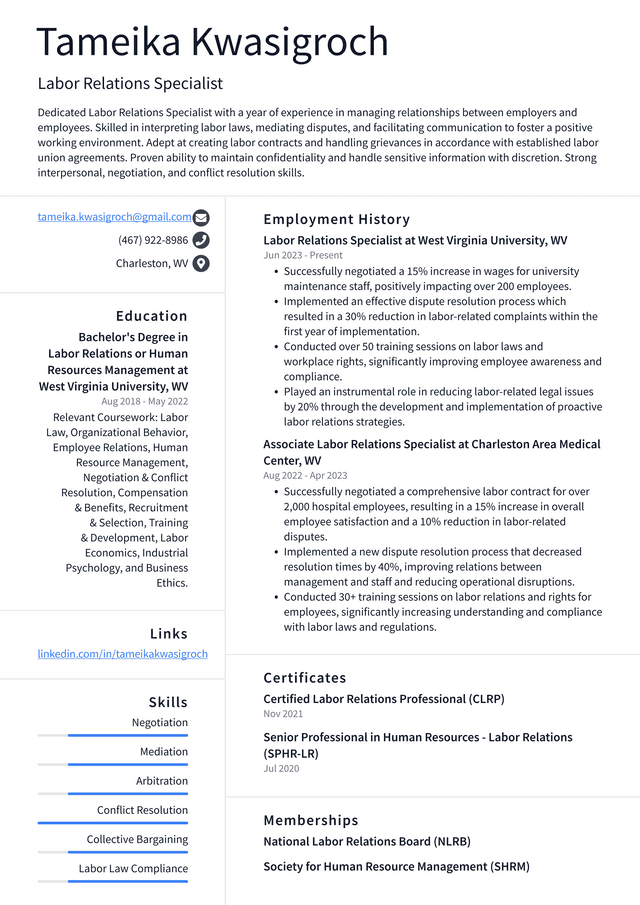 Adobe Labor Relations Specialist Resume Example