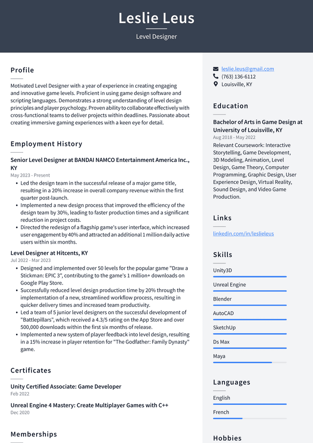 Adobe Level Designer Resume Example