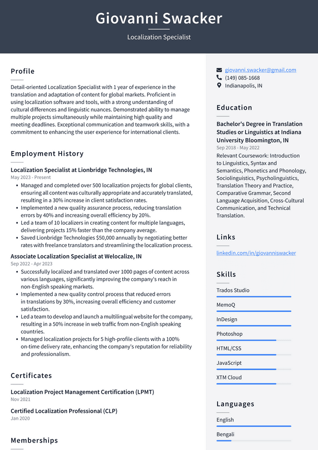 Adobe Localization Specialist Resume Example