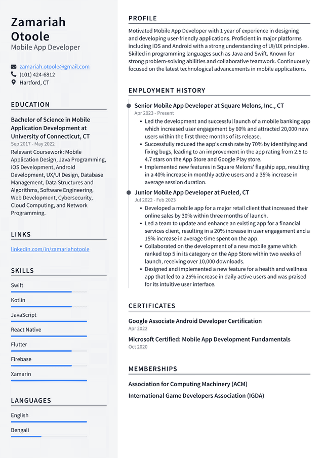 Adobe Mobile App Developer Resume Example