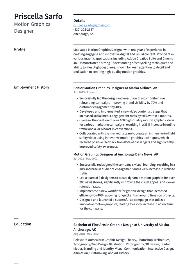 Adobe Motion Graphics Designer Resume Example