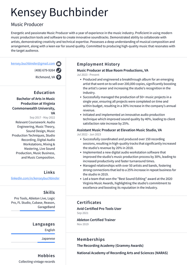 Adobe Music Producer Resume Example