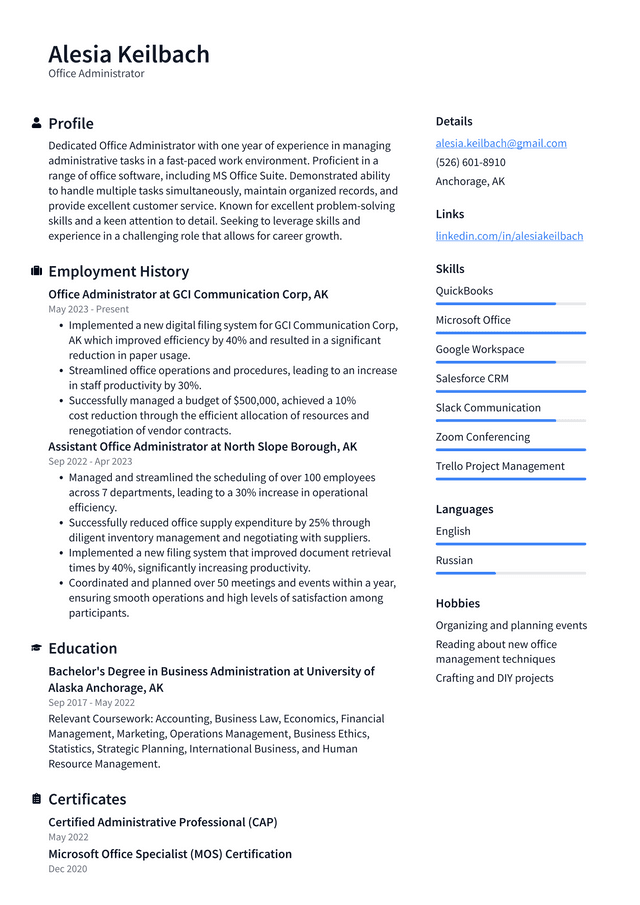 Adobe Office Administrator Resume Example