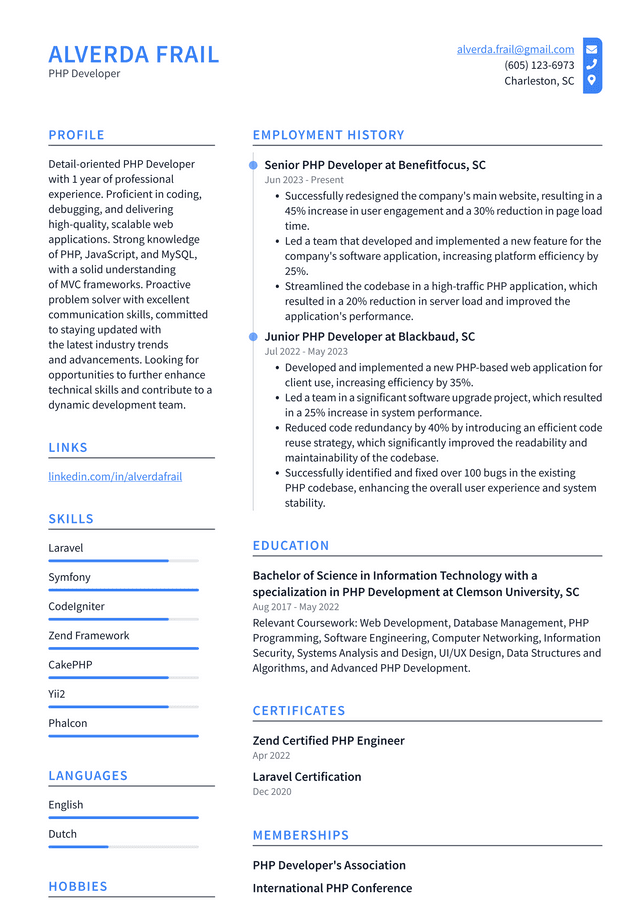 Adobe PHP Developer Resume Example