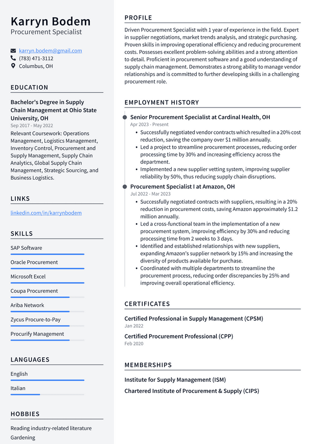 Adobe Procurement Specialist Resume Example