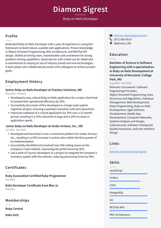 Adobe Ruby on Rails Developer Resume Example