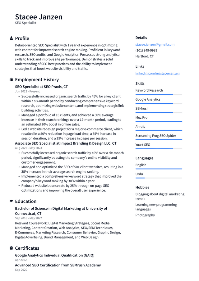 Adobe SEO Specialist Resume Example