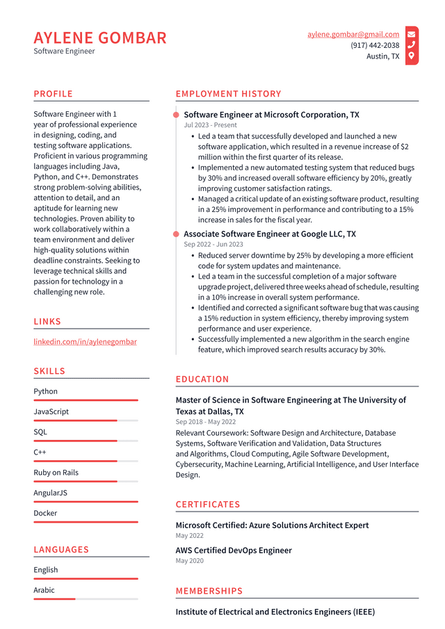 Adobe Software Engineer Resume Example