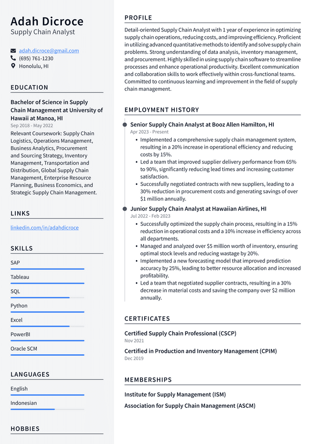 Adobe Supply Chain Analyst Resume Example