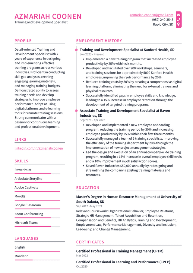 Adobe Training and Development Specialist Resume Example