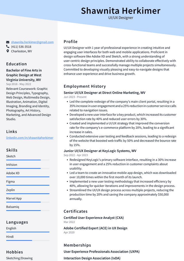 Adobe UI/UX Designer Resume Example