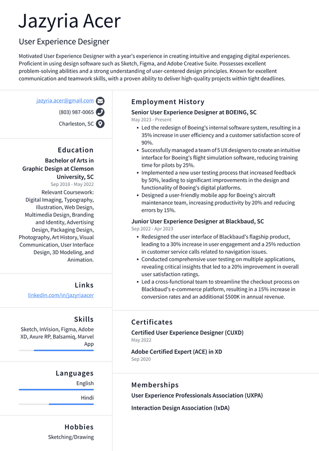 Adobe User Experience Designer Resume Example