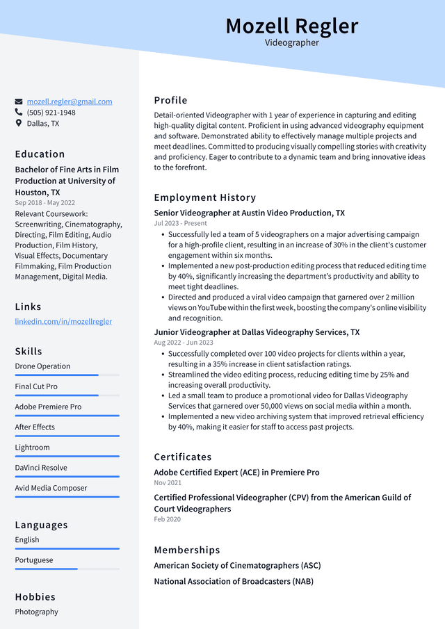 Adobe Videographer Resume Example