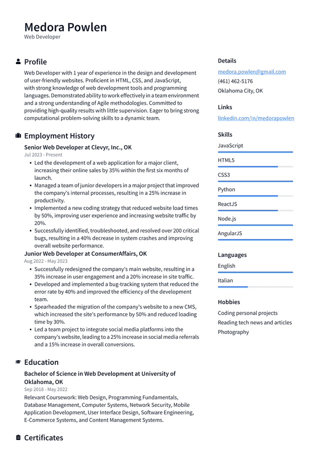 Adobe Web Developer Resume Example