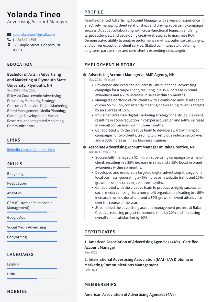 Advertising Account Manager Resume Example