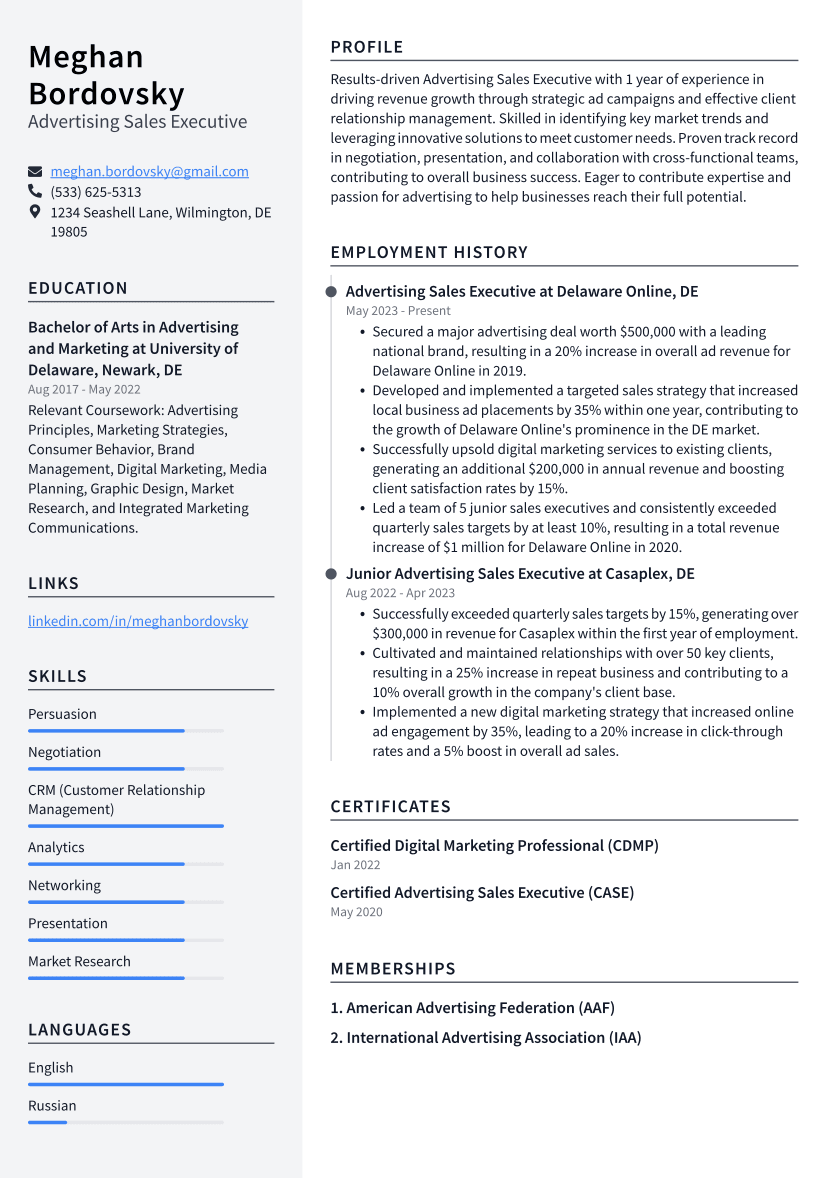 Advertising Sales Executive Resume Example