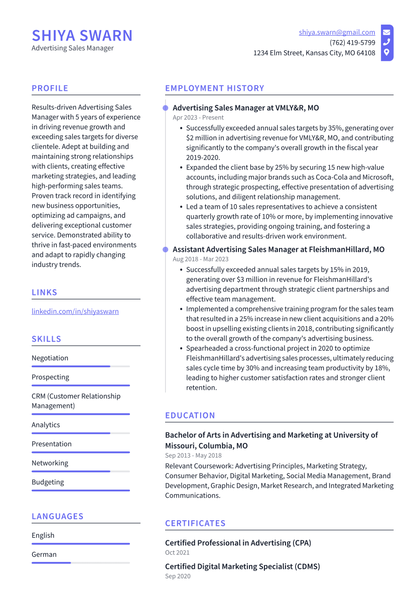 Advertising Sales Manager Resume Example