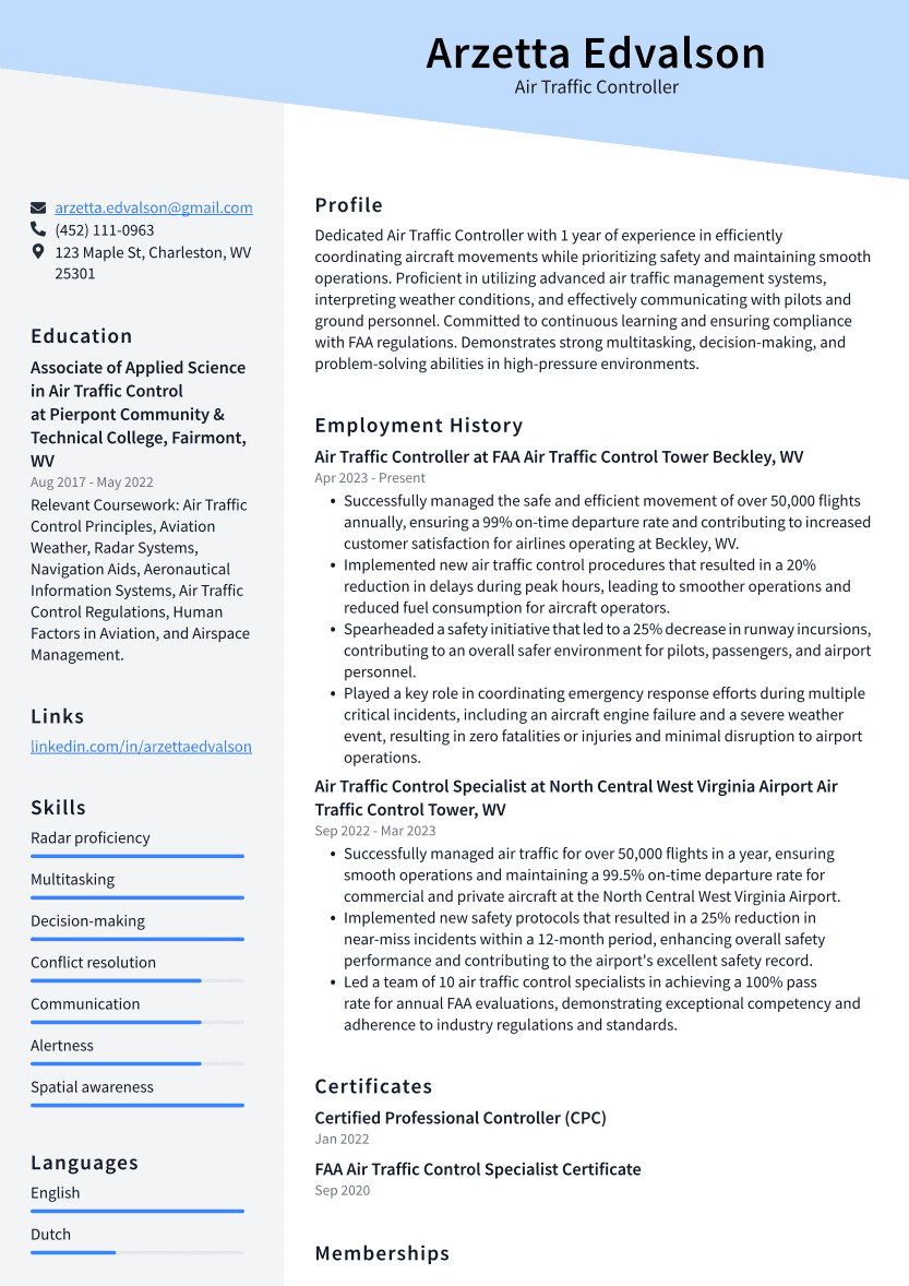Air Traffic Controller Resume Example