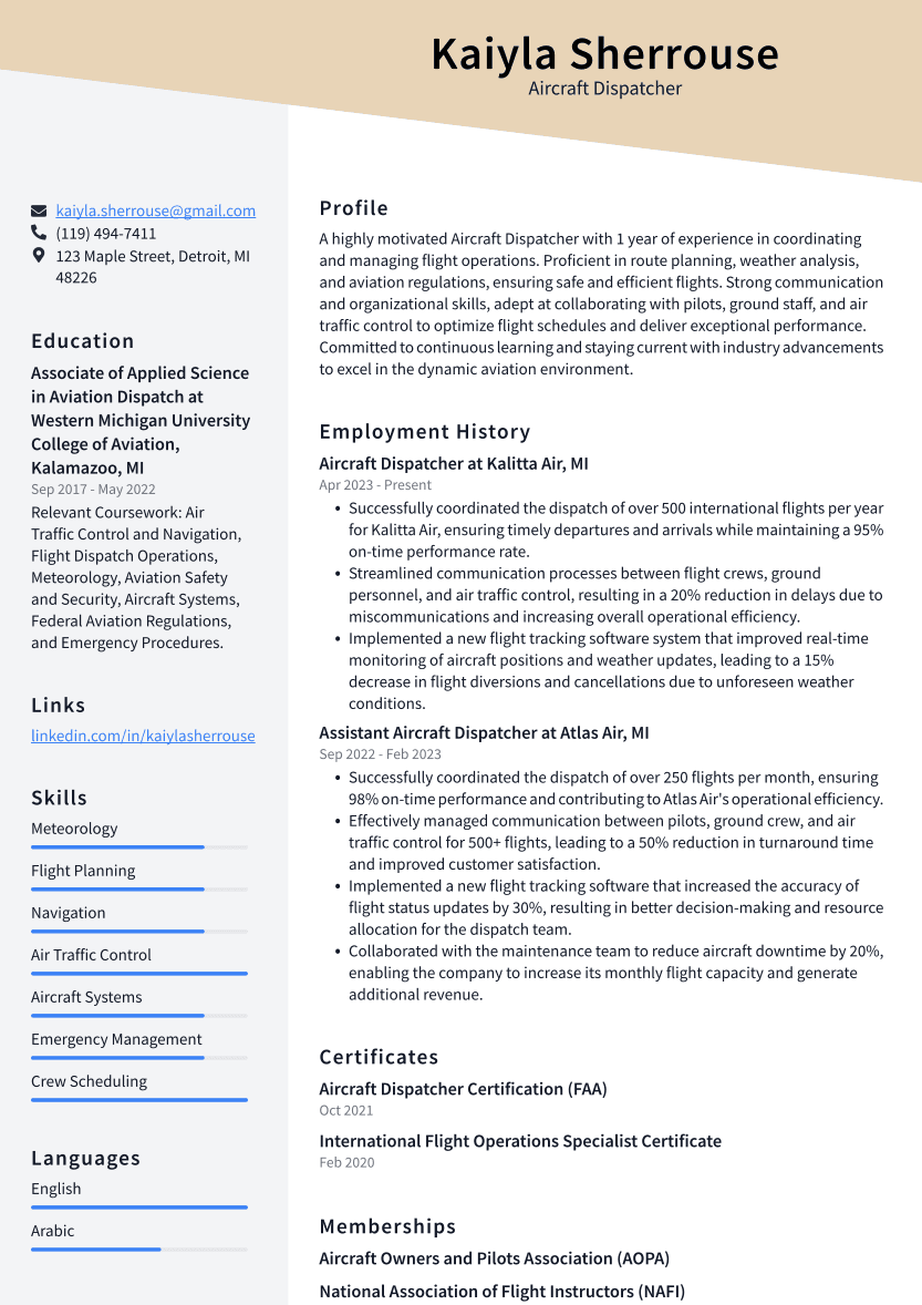 Aircraft Dispatcher Resume Example